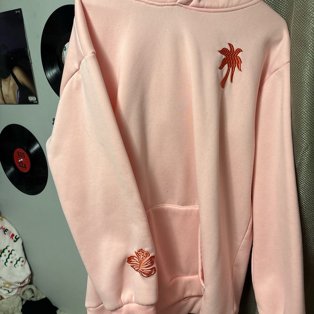 Pink Embroidered pink palm puff hoodie